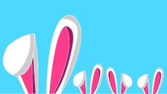 Three sets of easter bunny ears on a blue background