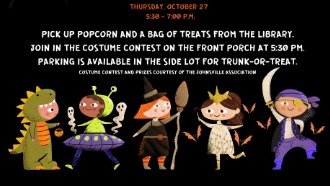 Cartoon kids in costume on trick-or-treat flyer 